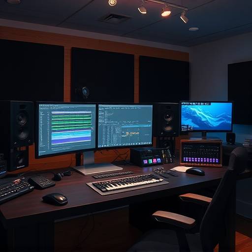 Sound designer working at a workstation with multiple monitors